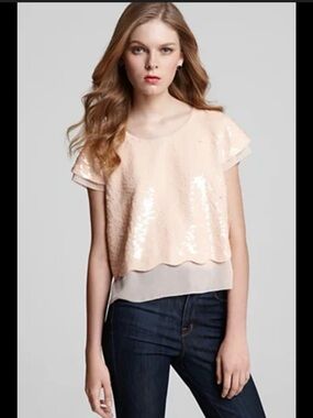 BCBG Max Azria Joanna Sequin Blouse XS Peach Blush Layered Top